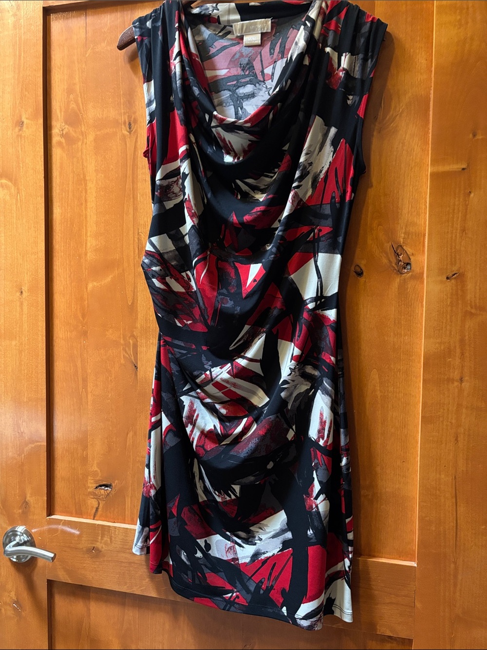 Michael Kors Sleeveless Cowl Neck Midi Dress in Black & Red Abstract